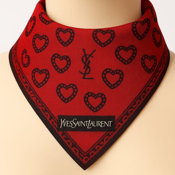 Yves Saint Laurent YSL Heart Pattern Red Square Pocket Scarf 19.5X19.5-in - NWT - Picture 1 of 10